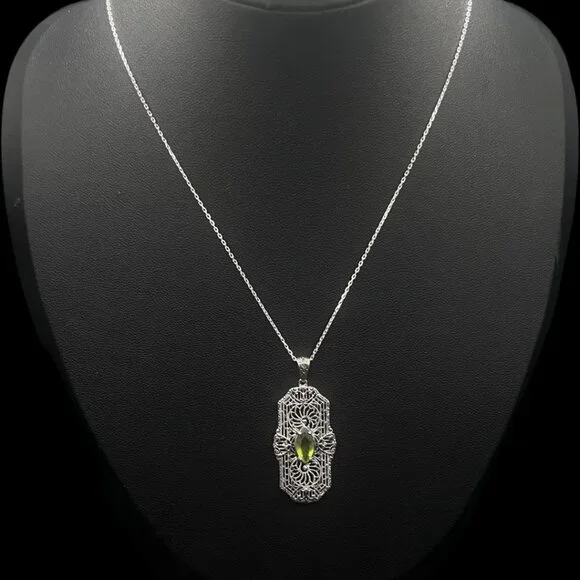 Sterling Silver Green Peridot Filigree Pendant Art Deco Revival 925 Silver Chain - Picture 3 of 7